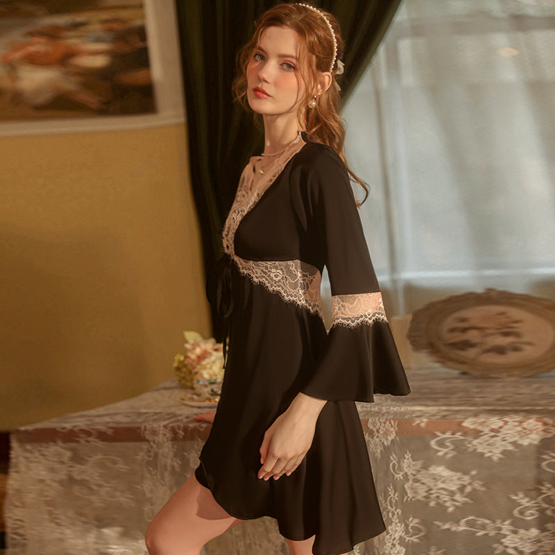 2024 New solid color pajamas, sweet lace cardigan, lace-up outer robe, bathrobe, women's home wear set 209-1713