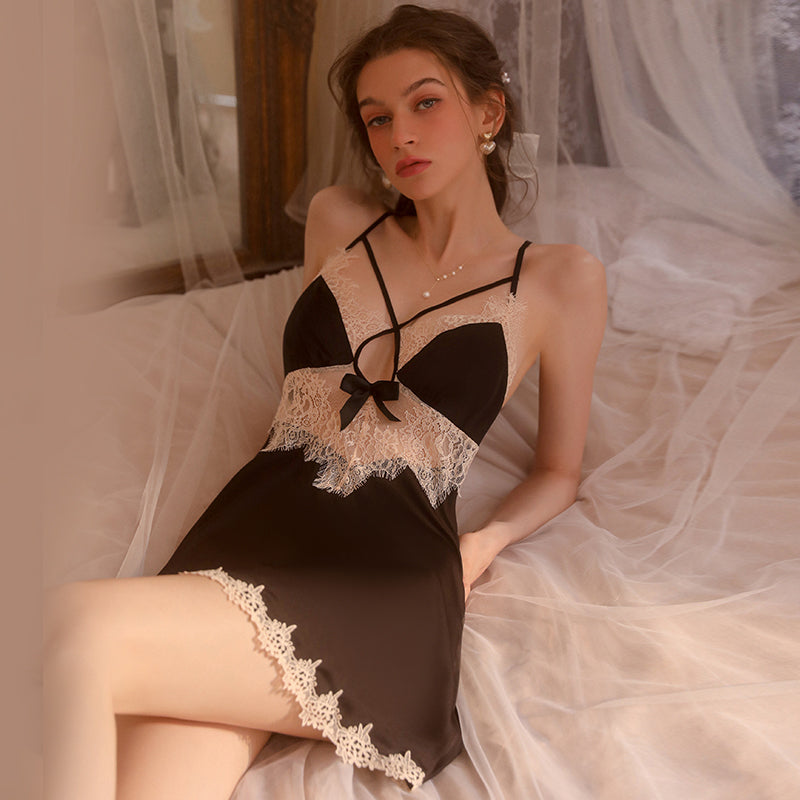 New sexy nightdress female European and American style sweet lace deep V bow slip dress home set 2085-2402-13