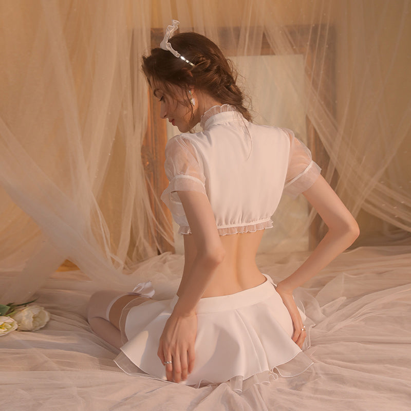 Role-play Nurse Lingerie Set: Tempting Hollow Out Design, Pleated Skirt, Transparent Uniform