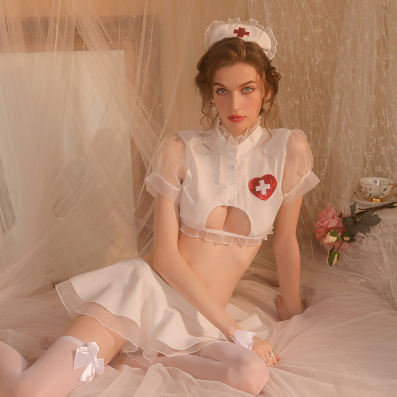Role-play Nurse Lingerie Set: Tempting Hollow Out Design, Pleated Skirt, Transparent Uniform