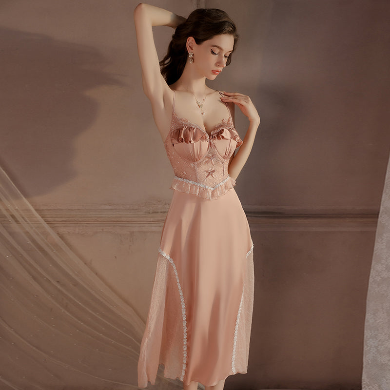 2025Lazy Style Long Backless Satin Spliced Mesh Deep V Neck Nightdress with Chest Pads for Women