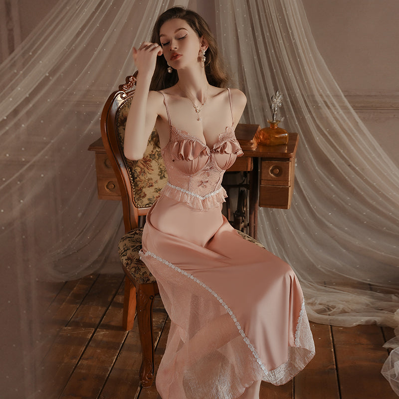 2025Lazy Style Long Backless Satin Spliced Mesh Deep V Neck Nightdress with Chest Pads for Women