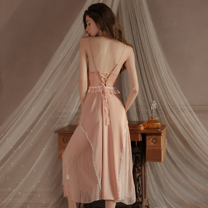 2025Lazy Style Long Backless Satin Spliced Mesh Deep V Neck Nightdress with Chest Pads for Women