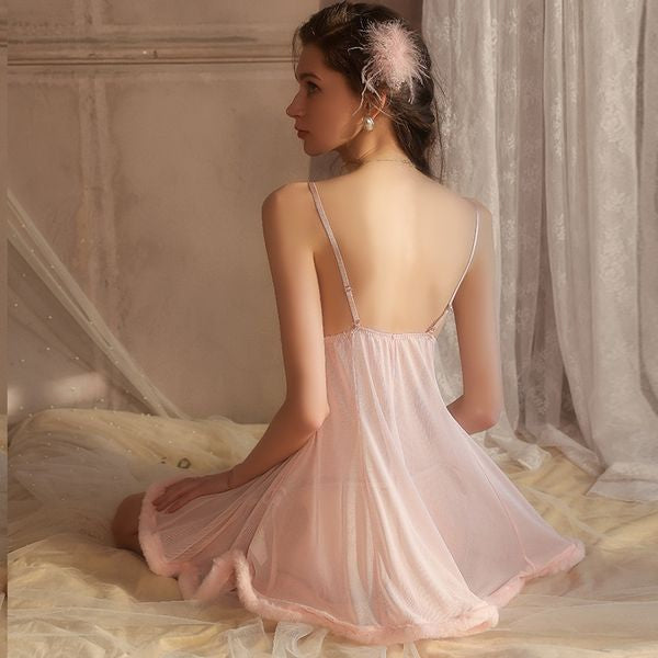 Bow-detail fur-trim nightdress