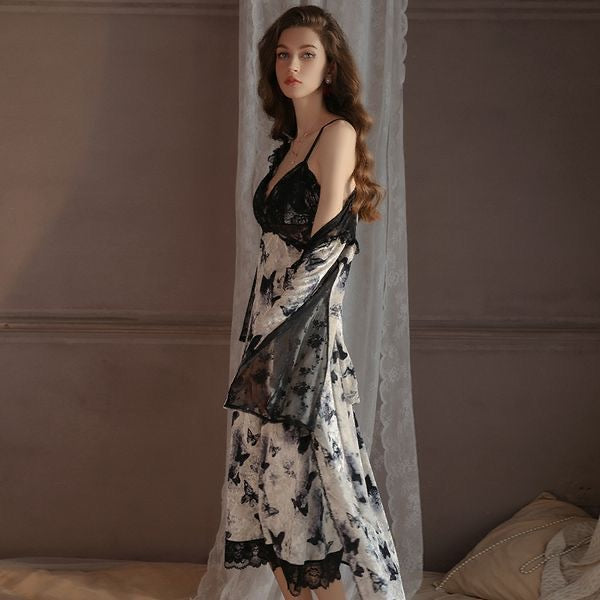 202501 Butterfly Print Lace Patchwork Set