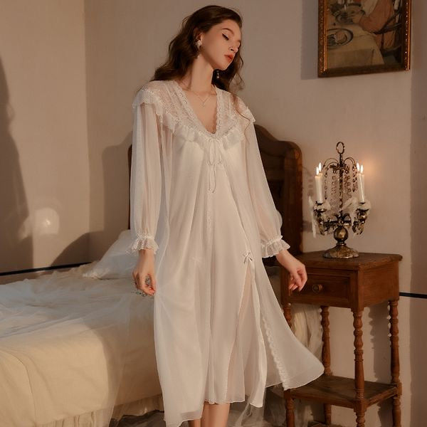 Gathering Ice Silk Lingerie Mesh Camisole Nightgown & Robe Set