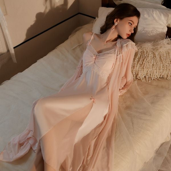 Gathering Ice Silk Lingerie Mesh Camisole Nightgown & Robe Set