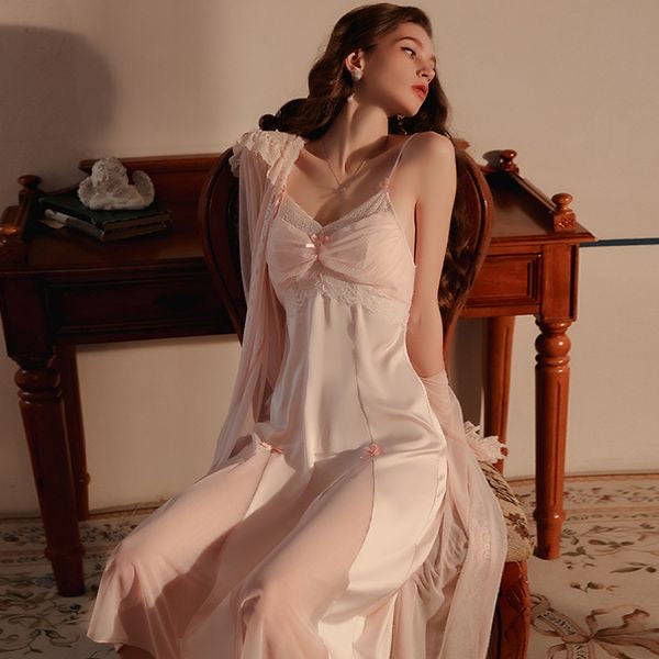 Gathering Ice Silk Lingerie Mesh Camisole Nightgown & Robe Set