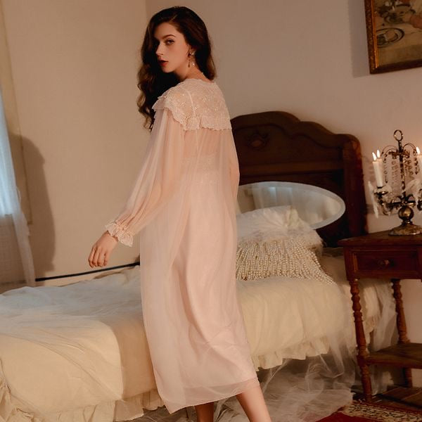 Gathering Ice Silk Lingerie Mesh Camisole Nightgown & Robe Set