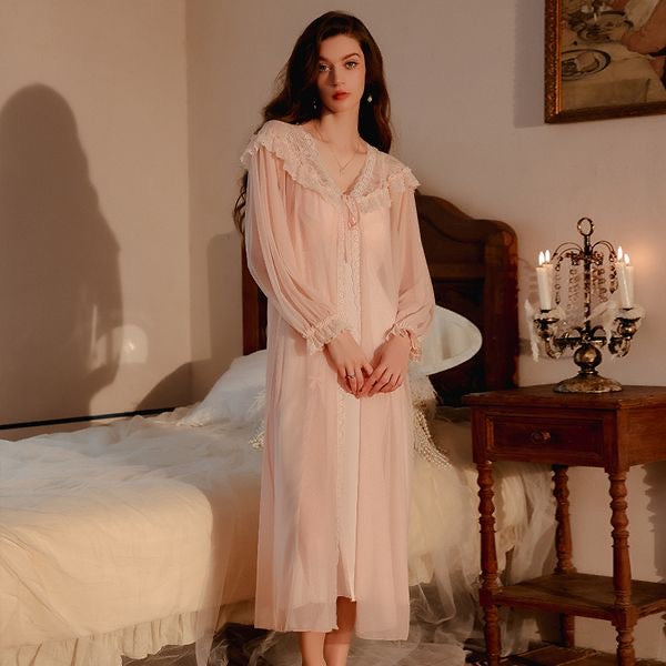Gathering Ice Silk Lingerie Mesh Camisole Nightgown & Robe Set