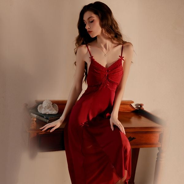 Gathering Ice Silk Lingerie Mesh Camisole Nightgown & Robe Set