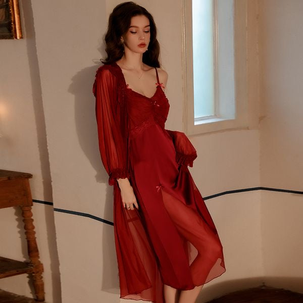 Gathering Ice Silk Lingerie Mesh Camisole Nightgown & Robe Set