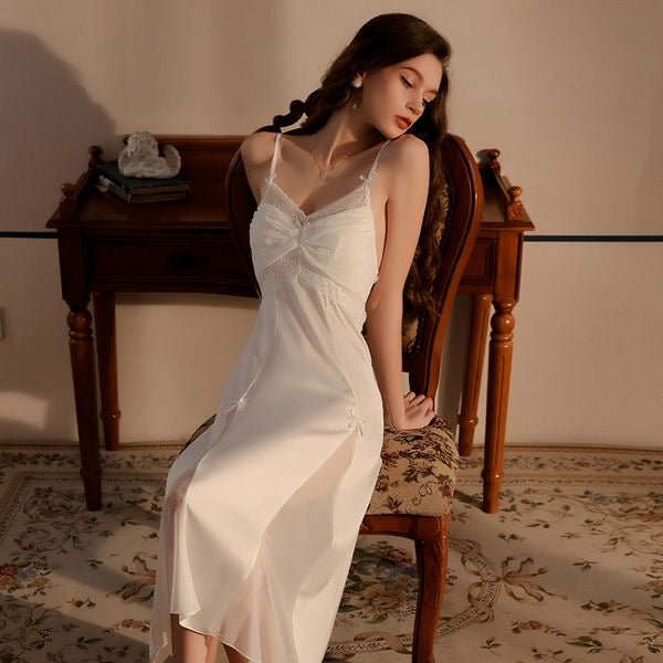 Gathering Ice Silk Lingerie Mesh Camisole Nightgown & Robe Set
