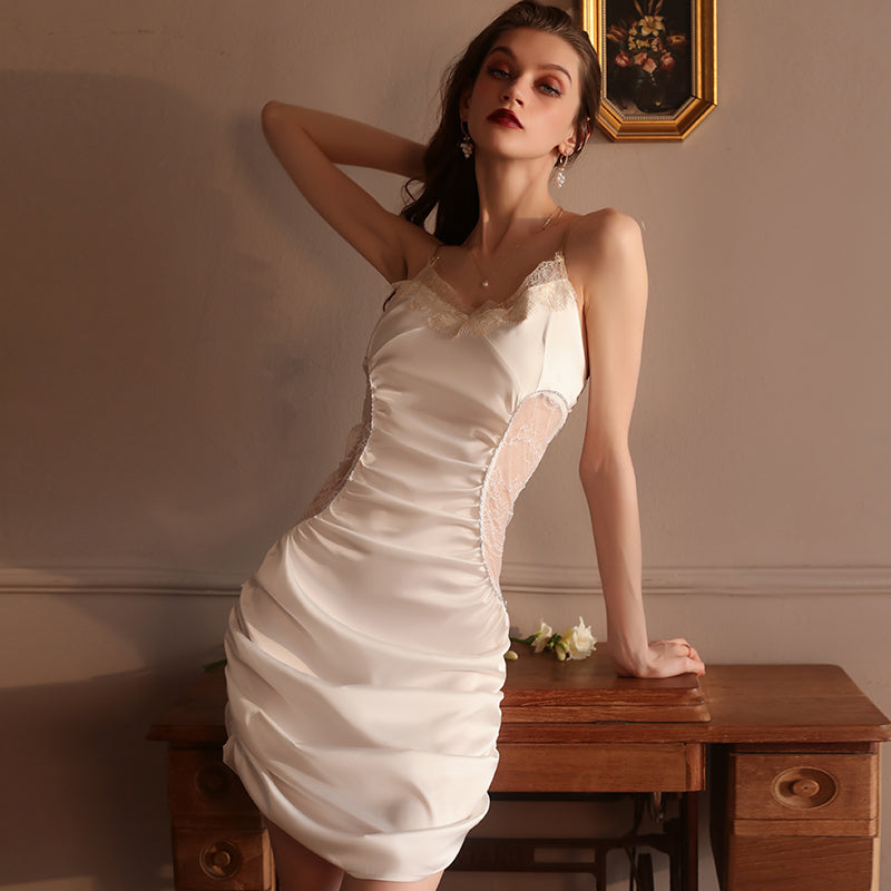2024 Sexy pleated suspender nightgown solid color lace temptation suspender nightgown women's comfortable home wear set 1715