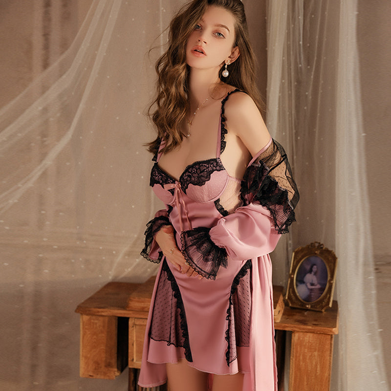 Blackpink Sexy Lingerie Set with Push-Up Lace Splice Camisole Nightdress and Robe Home Wear