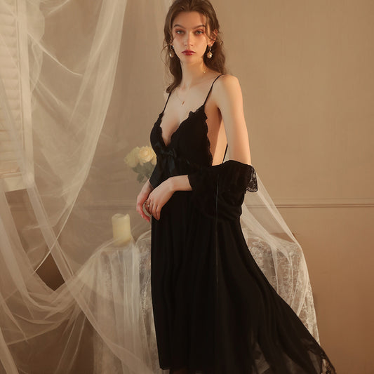 Sexy breast padded suspender nightgown, mesh private room, solid color small breast outer robe, home wear set