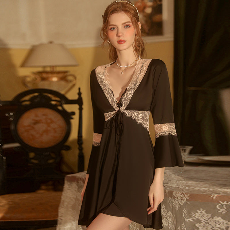 2024 New solid color pajamas, sweet lace cardigan, lace-up outer robe, bathrobe, women's home wear set 209-1713