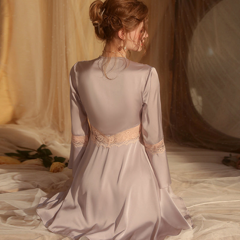 2024 New solid color pajamas, sweet lace cardigan, lace-up outer robe, bathrobe, women's home wear set 209-1713