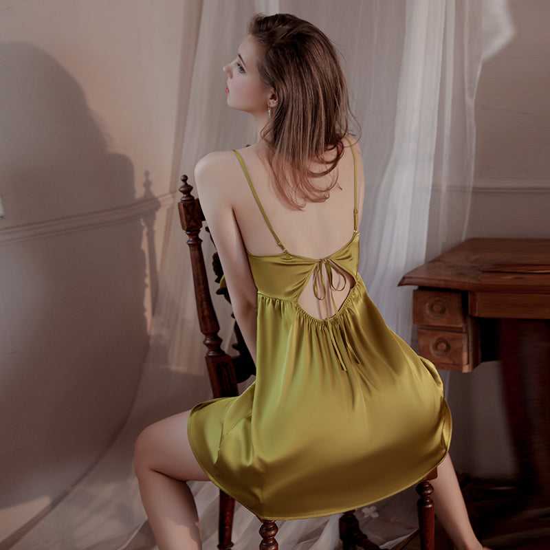 2024 Spring and Summer New Home Clothing Ice Silk Nightgown Women's Private Room Sexy Bow Suspender Nightgown Set 2257