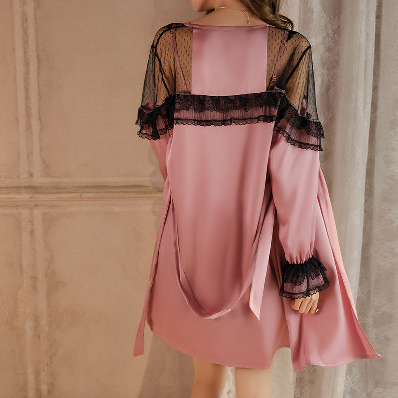 Blackpink Sexy Lingerie Set with Push-Up Lace Splice Camisole Nightdress and Robe Home Wear