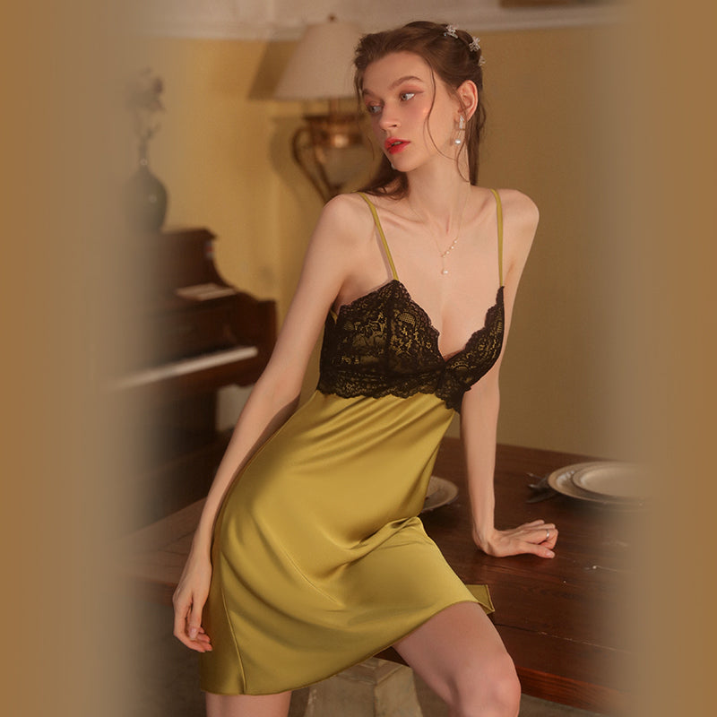 Comfortable Leisure Sleepwear: Ice Silk Thin Deep V with Padded Bust Camisole Sleep Dress Tempting Home Wear Set