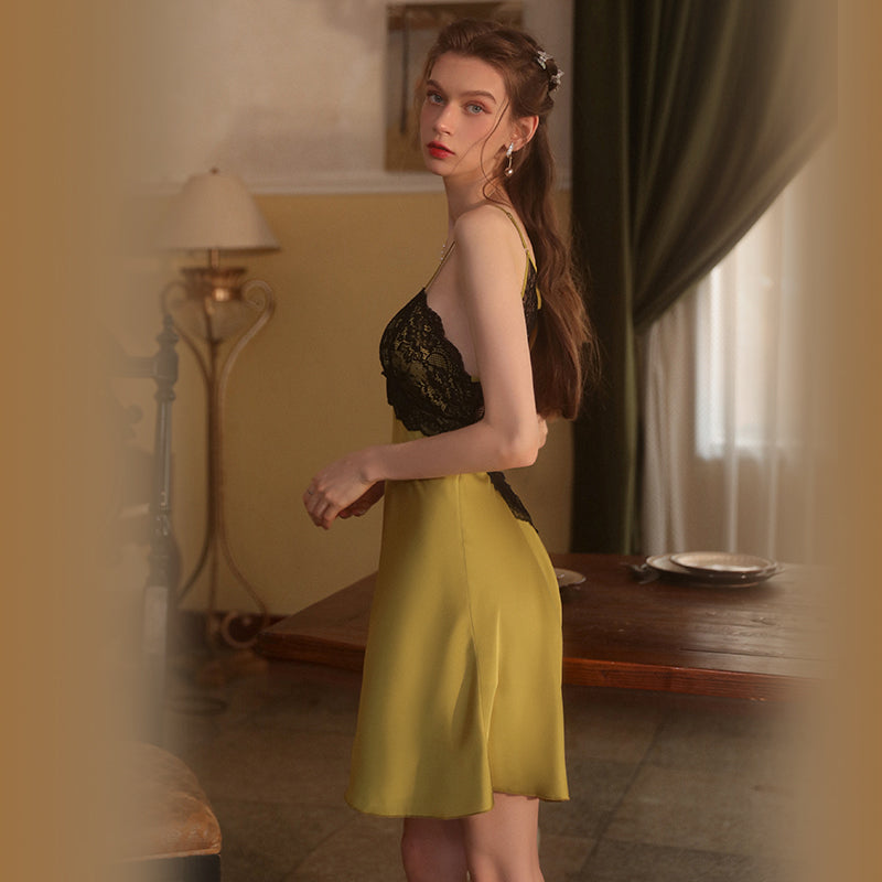 Comfortable Leisure Sleepwear: Ice Silk Thin Deep V with Padded Bust Camisole Sleep Dress Tempting Home Wear Set