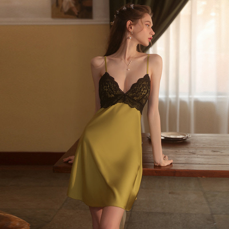 Comfortable Leisure Sleepwear: Ice Silk Thin Deep V with Padded Bust Camisole Sleep Dress Tempting Home Wear Set
