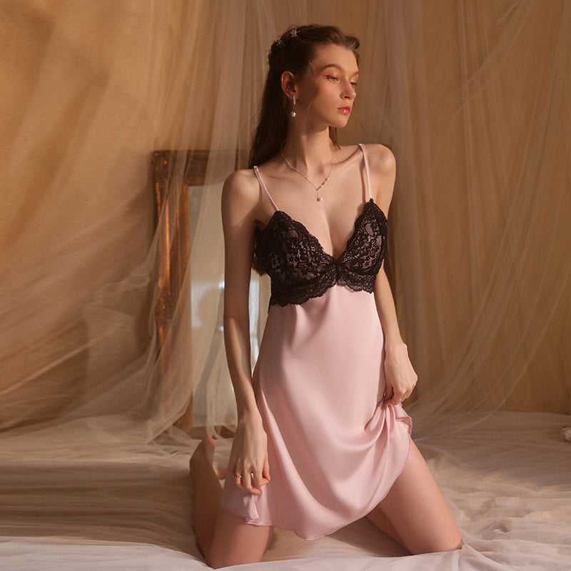 Comfortable Leisure Sleepwear: Ice Silk Thin Deep V with Padded Bust Camisole Sleep Dress Tempting Home Wear Set