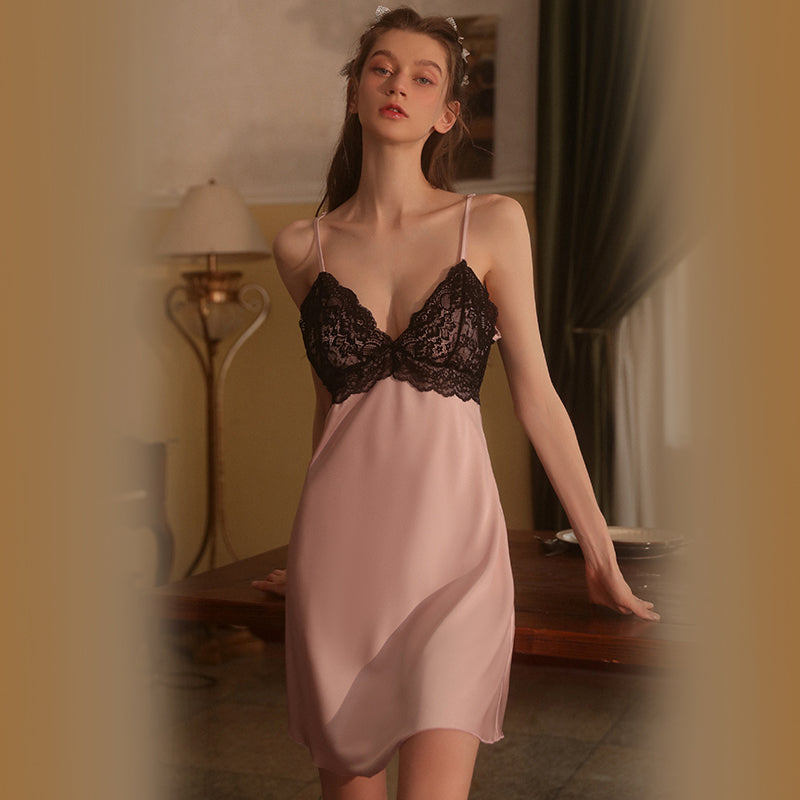 Comfortable Leisure Sleepwear: Ice Silk Thin Deep V with Padded Bust Camisole Sleep Dress Tempting Home Wear Set