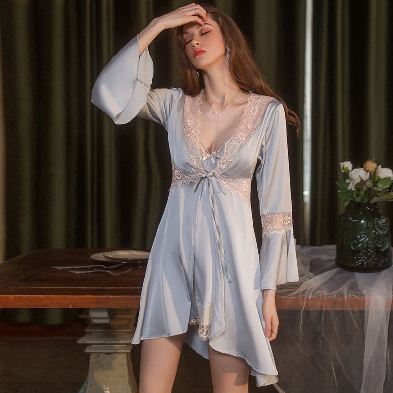 new style aesthetic yarn pure desire suspender nightgown sexy lace pajamas nightgown set home wear outer robe two-piece set 1712