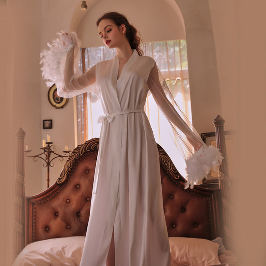 Wedding Luxurious Satin Mesh Feather Cuff Women's Embroidered Tie-Up Robe Set for Home Wear