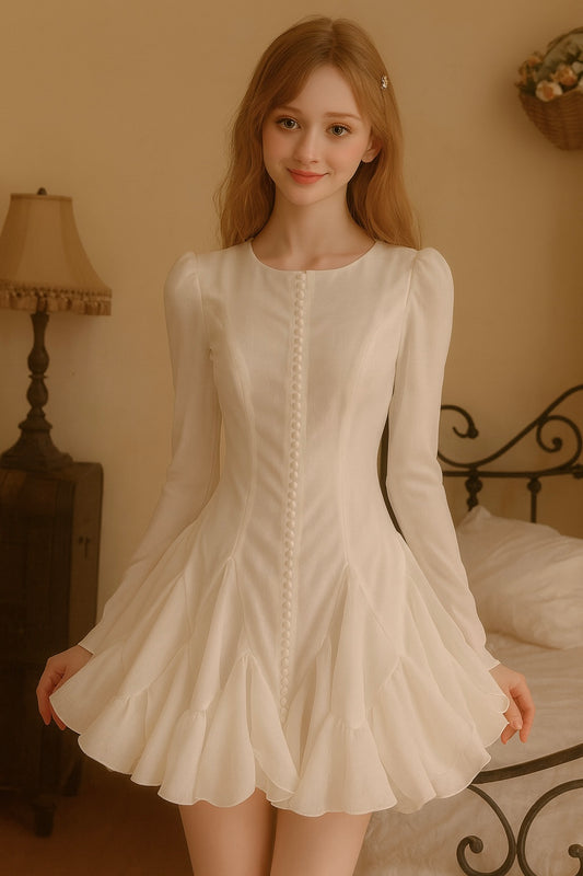 Soft White Tiered Ruffle Long Sleeve Midi Dress