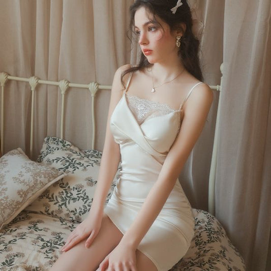 Elegant Ice Silk Sleep Dress with Lace Panels