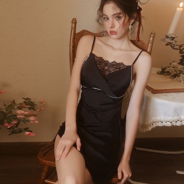 Elegant Ice Silk Sleep Dress with Lace Panels