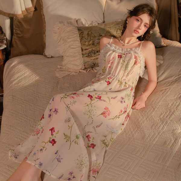 Rose-Printed Elastic Waist-Slimming Long Backless Sleep Dress