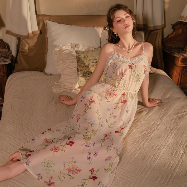 Rose-Printed Elastic Waist-Slimming Long Backless Sleep Dress