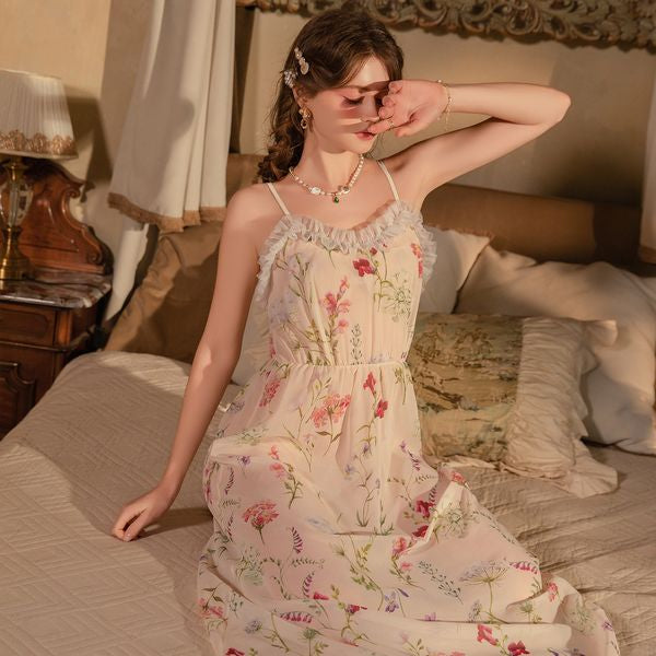 Rose-Printed Elastic Waist-Slimming Long Backless Sleep Dress