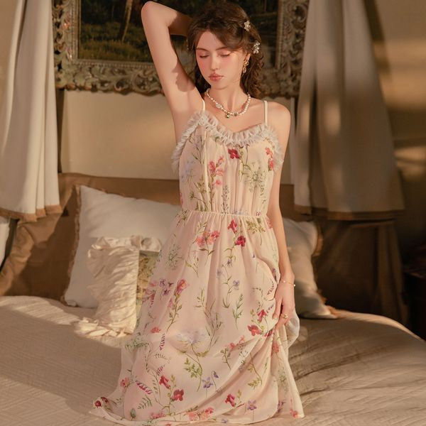 Rose-Printed Elastic Waist-Slimming Long Backless Sleep Dress