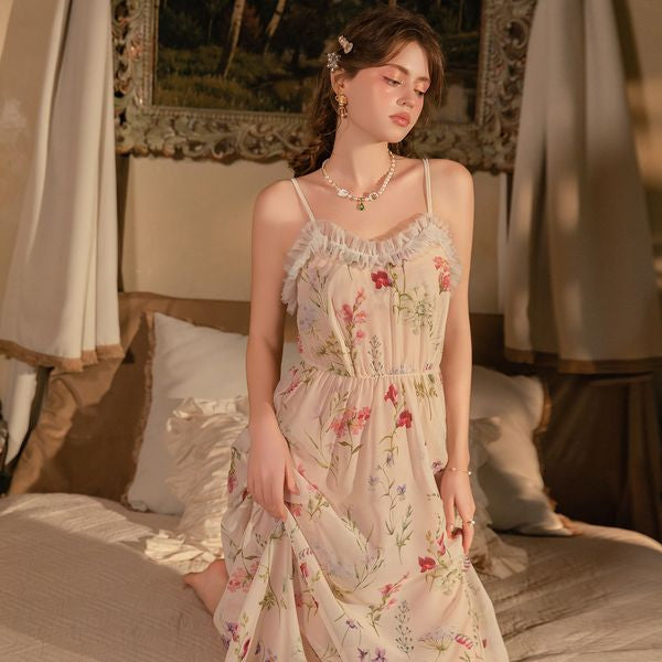 Rose-Printed Elastic Waist-Slimming Long Backless Sleep Dress