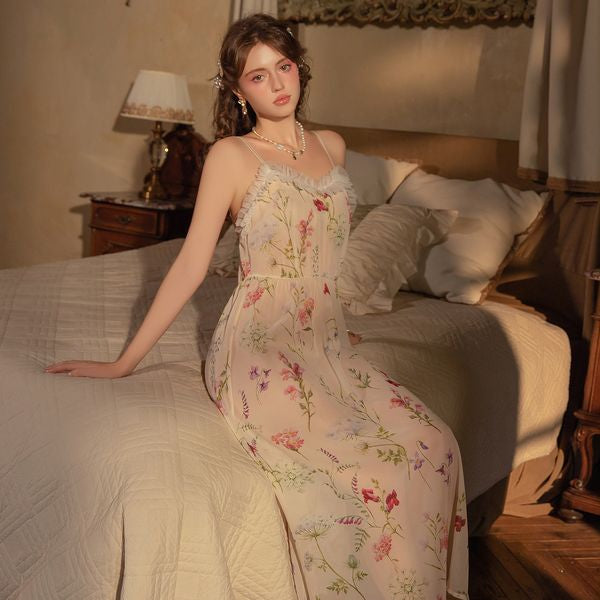 Rose-Printed Elastic Waist-Slimming Long Backless Sleep Dress