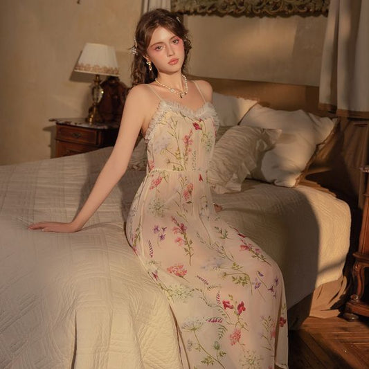 Rose-Printed Elastic Waist-Slimming Long Backless Sleep Dress