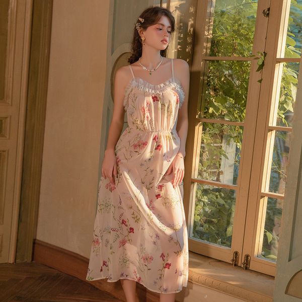 Rose-Printed Elastic Waist-Slimming Long Backless Sleep Dress