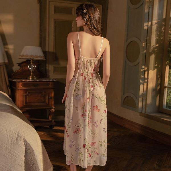 Rose-Printed Elastic Waist-Slimming Long Backless Sleep Dress