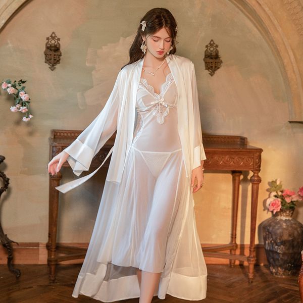 Backless Mesh LaceSee-Through Temptation Nightgown Outer Robe