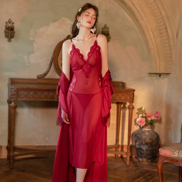 Backless Mesh LaceSee-Through Temptation Nightgown Outer Robe