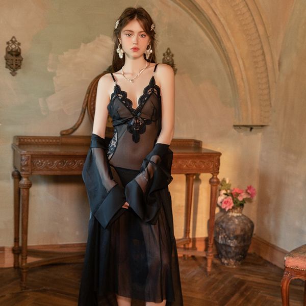 Backless Mesh LaceSee-Through Temptation Nightgown Outer Robe