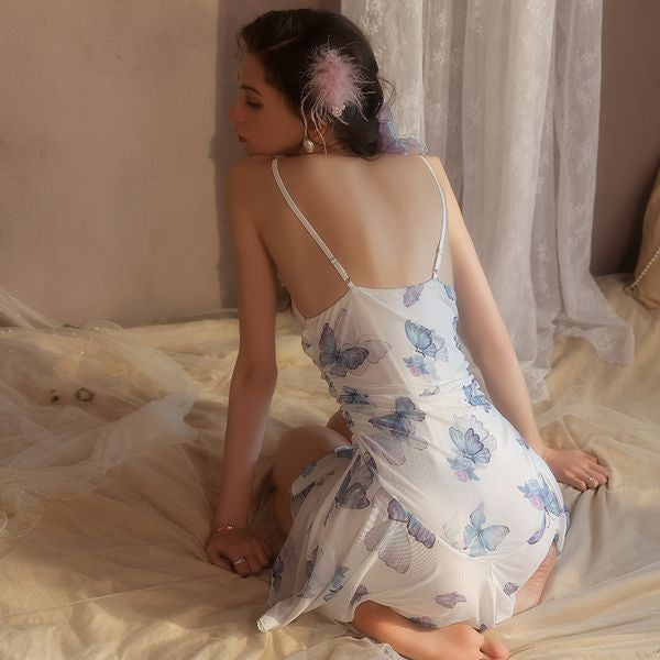 Accessible Luxury Temptation Butterfly Print Slim Suspender Nightgown Home Set