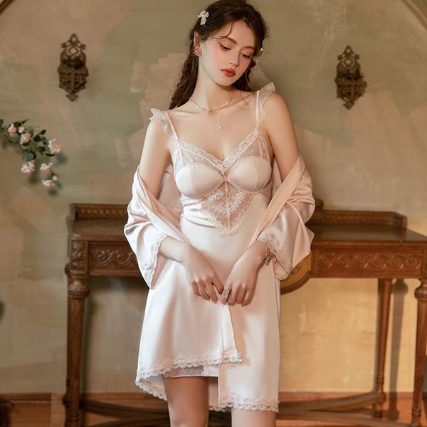 Sweet Lace Push-Up Satin Short Nightdress Tie Robe Set w1