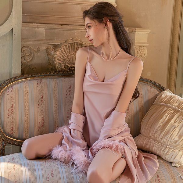 Satin backless plush nightgown set w1