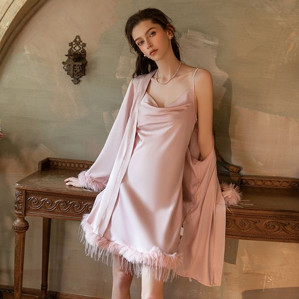 Satin backless plush nightgown set w1